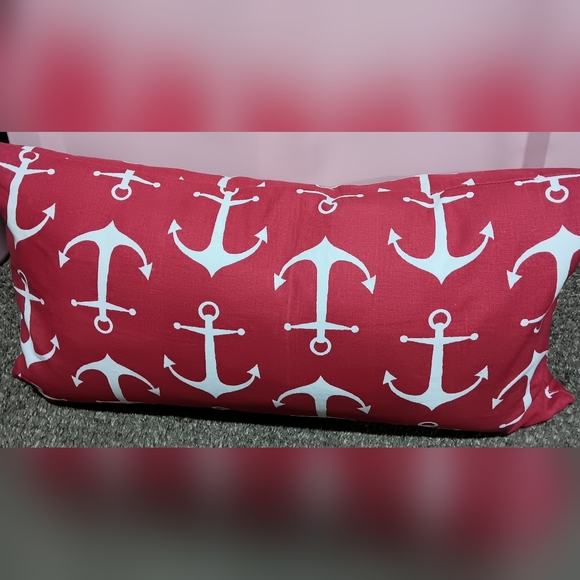 Light Red, Oblong Throw Pillow. Anchor Design in white. - Picture 1 of 6